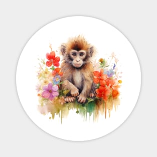 Watercolor picture of a cute little monkey with beautiful colored flowers. Magnet